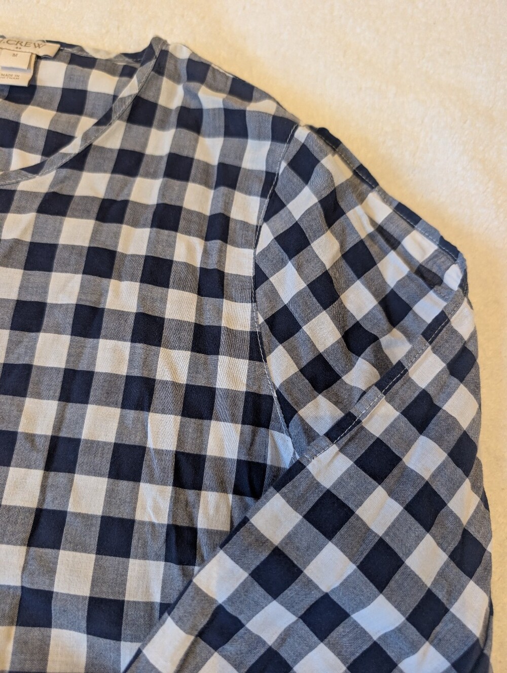 J. Crew Navy Gingham Tie Sleeve Blouse Medium 100% Cotton Top - Picture 5 of 11